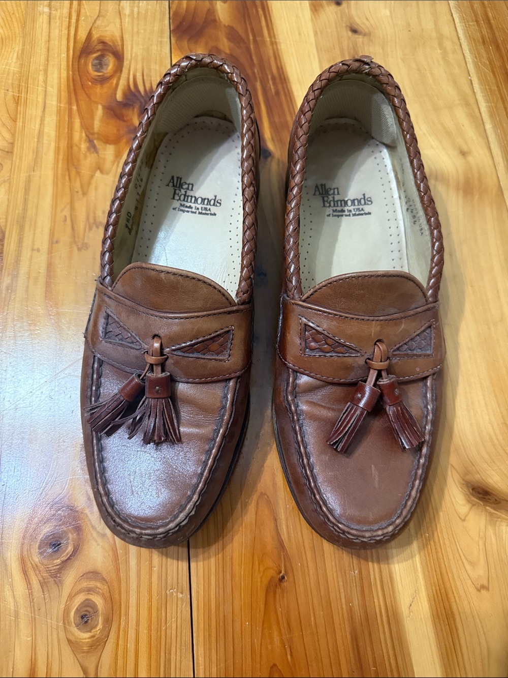 Allen Edmonds Cognac Brown Leather Tassel Loafers with Braided Trim